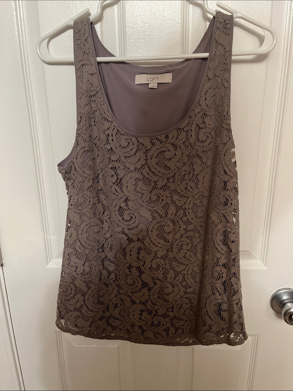 LOFT Lace Overlay Scoop Neck Tank in Taupe